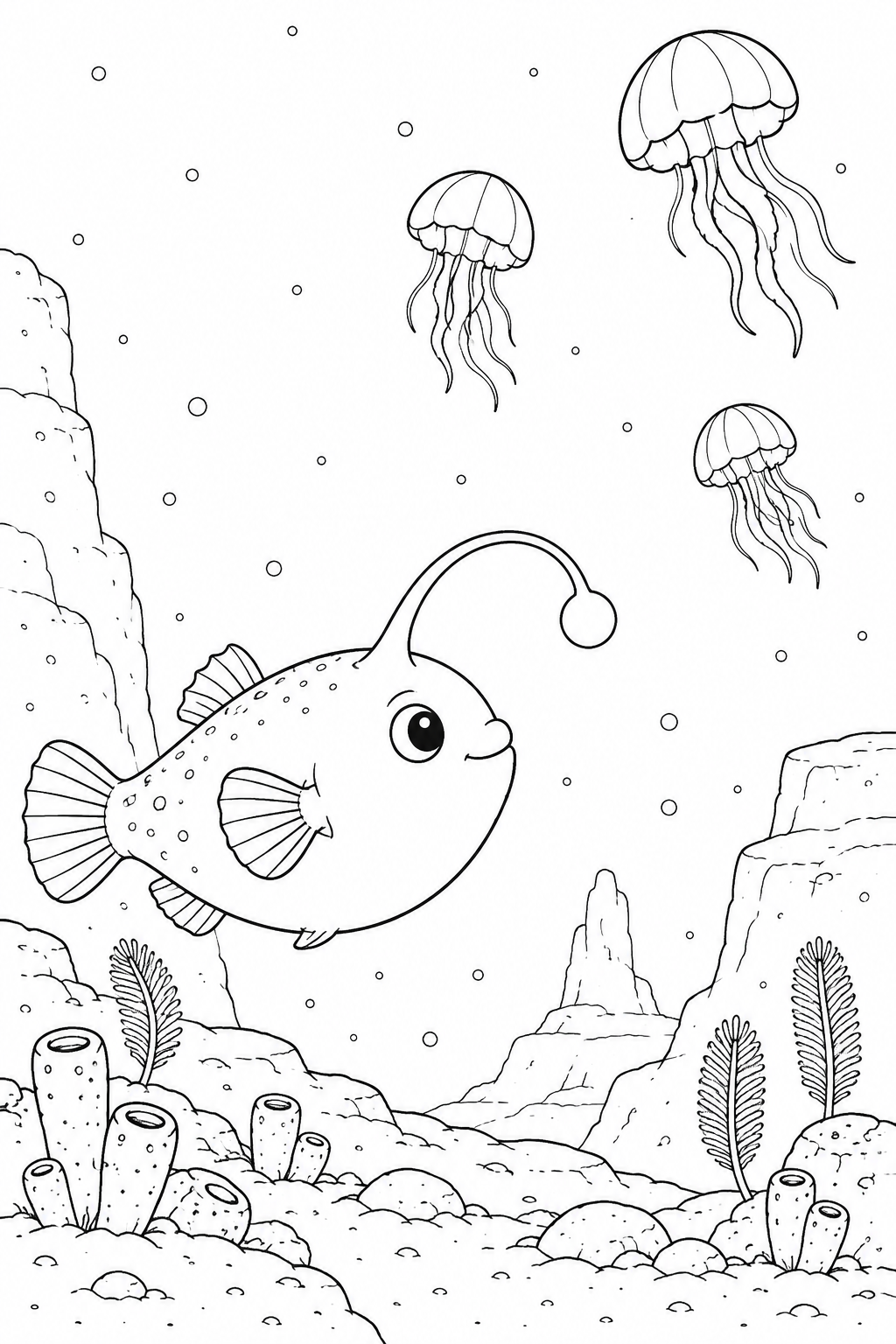An anglerfish swims below three drifting jellyfish in a spacious rocky deep-sea scene.