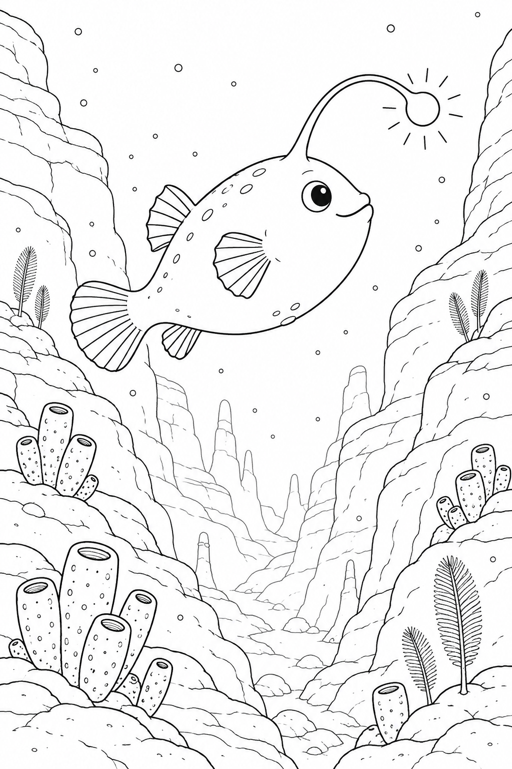 A smiling anglerfish swims between layered canyon walls, above sponges and feathery sea pens.