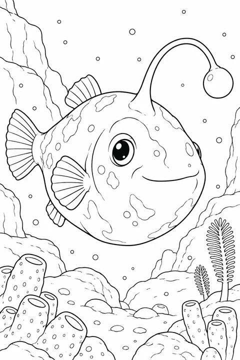 A round, spotted anglerfish smiles in close-up, with its curved lure above and sponges below.