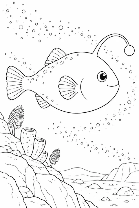 A friendly anglerfish glides through drifting specks above a rocky ledge and open seabed.