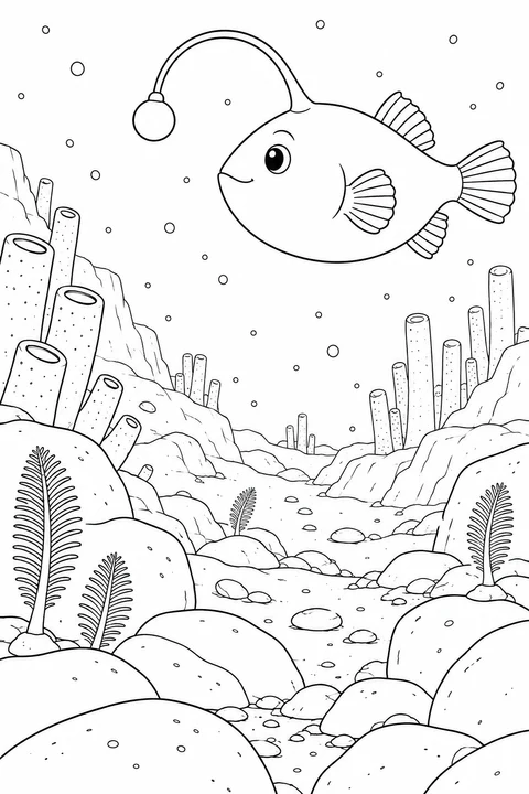 An anglerfish floats over a broad stone basin lined with tall tube sponges and pebbles.