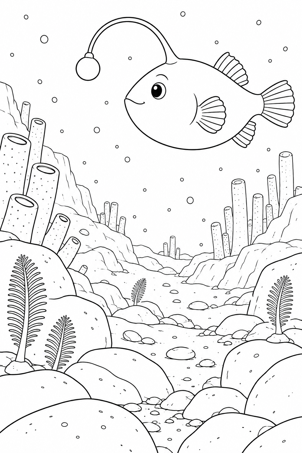 Una rana pescatrice fluttua sopra un'ampia conca rocciosa, tra alte spugne tubolari e ciottoli.