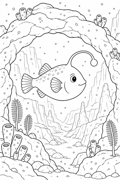 An anglerfish passes through a broad rock arch with canyon walls and sponges behind it.