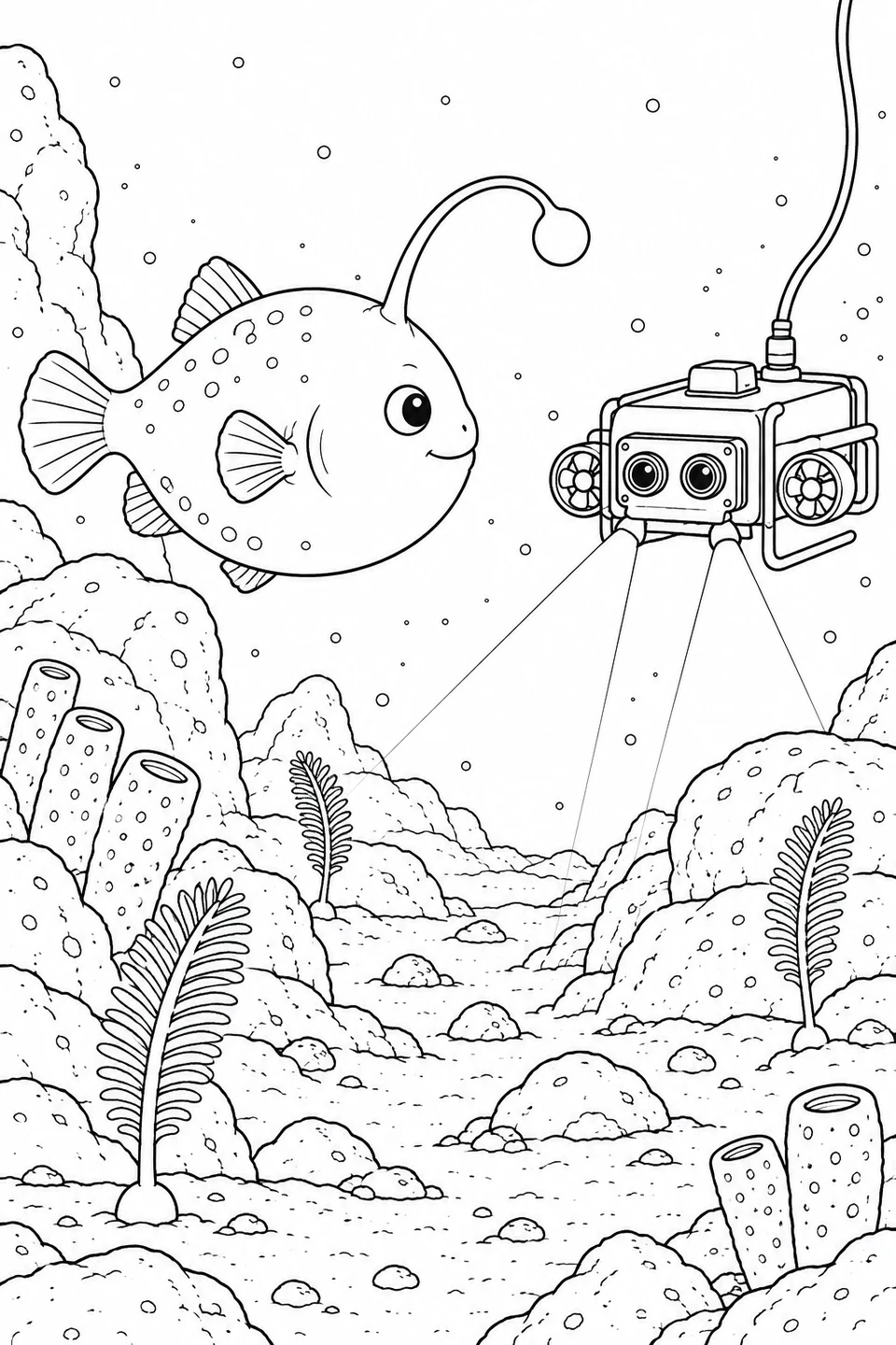A smiling anglerfish faces a small camera robot above the rocky seabed.
