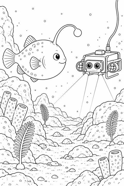 A smiling anglerfish faces a small camera robot above the rocky seabed.