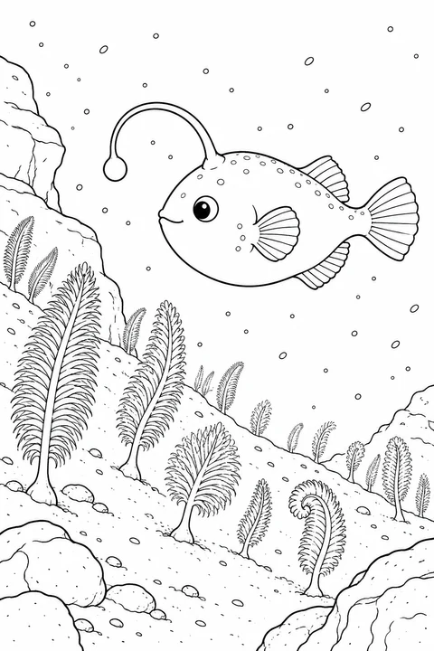 An anglerfish glides above a sloping seabed dotted with feathery sea pens and stones.