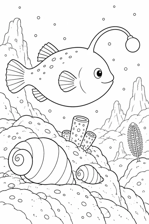 An anglerfish swims above two spiral shells on a rocky ridge, with sponges nearby.