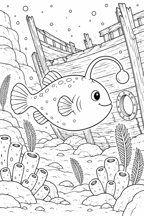 A smiling anglerfish swims past an old wooden hull with a round porthole, surrounded by sponges and rocks.