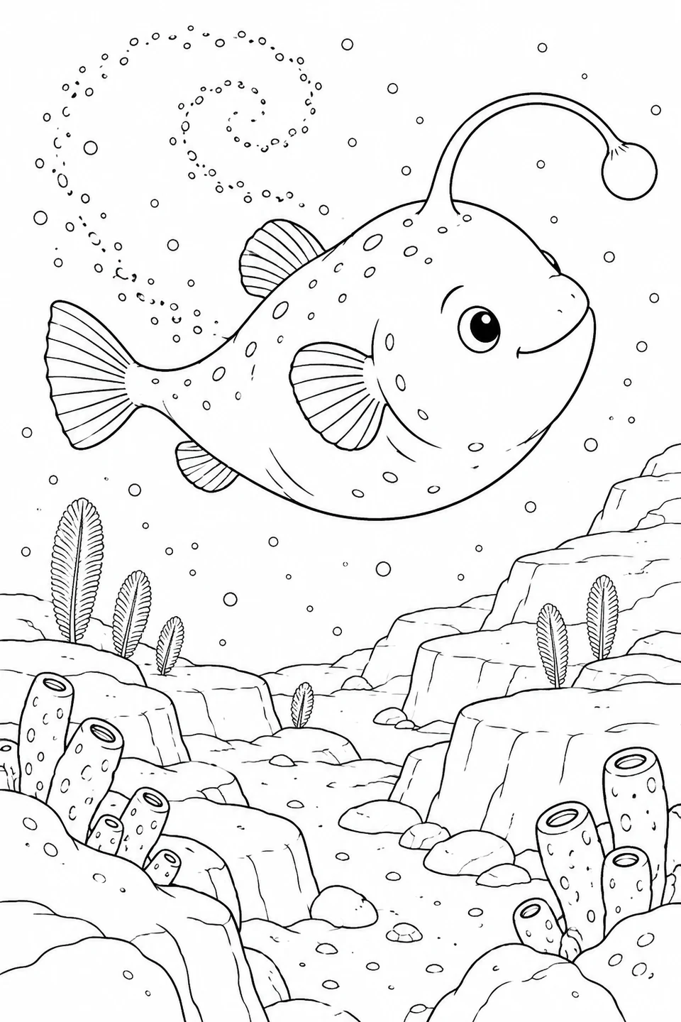 An anglerfish turns above stepped rocks, with a loose spiral of drifting specks behind it.