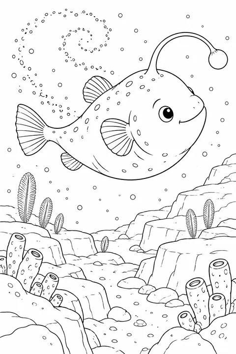 An anglerfish turns above stepped rocks, with a loose spiral of drifting specks behind it.