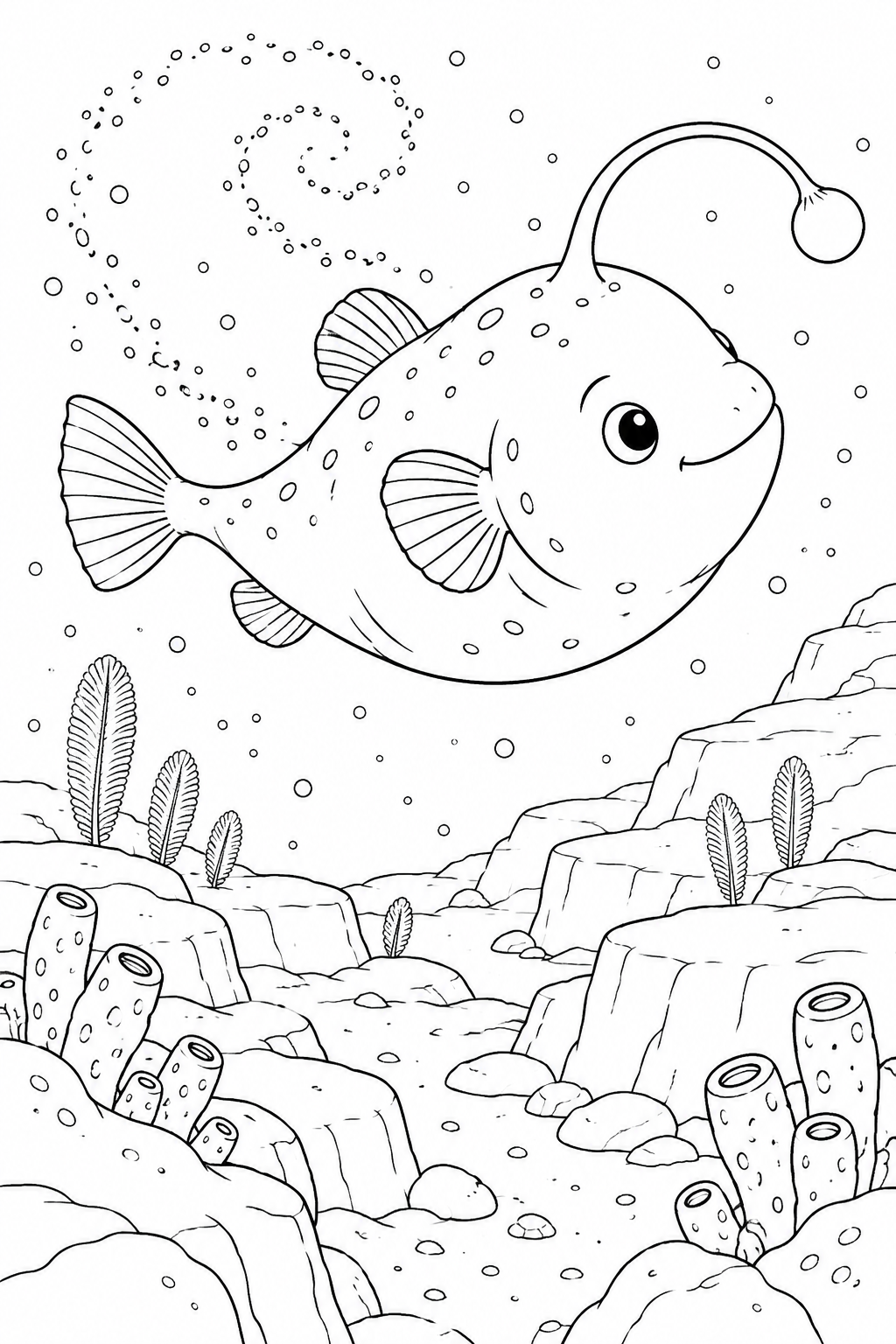 An anglerfish turns above stepped rocks, with a loose spiral of drifting specks behind it.