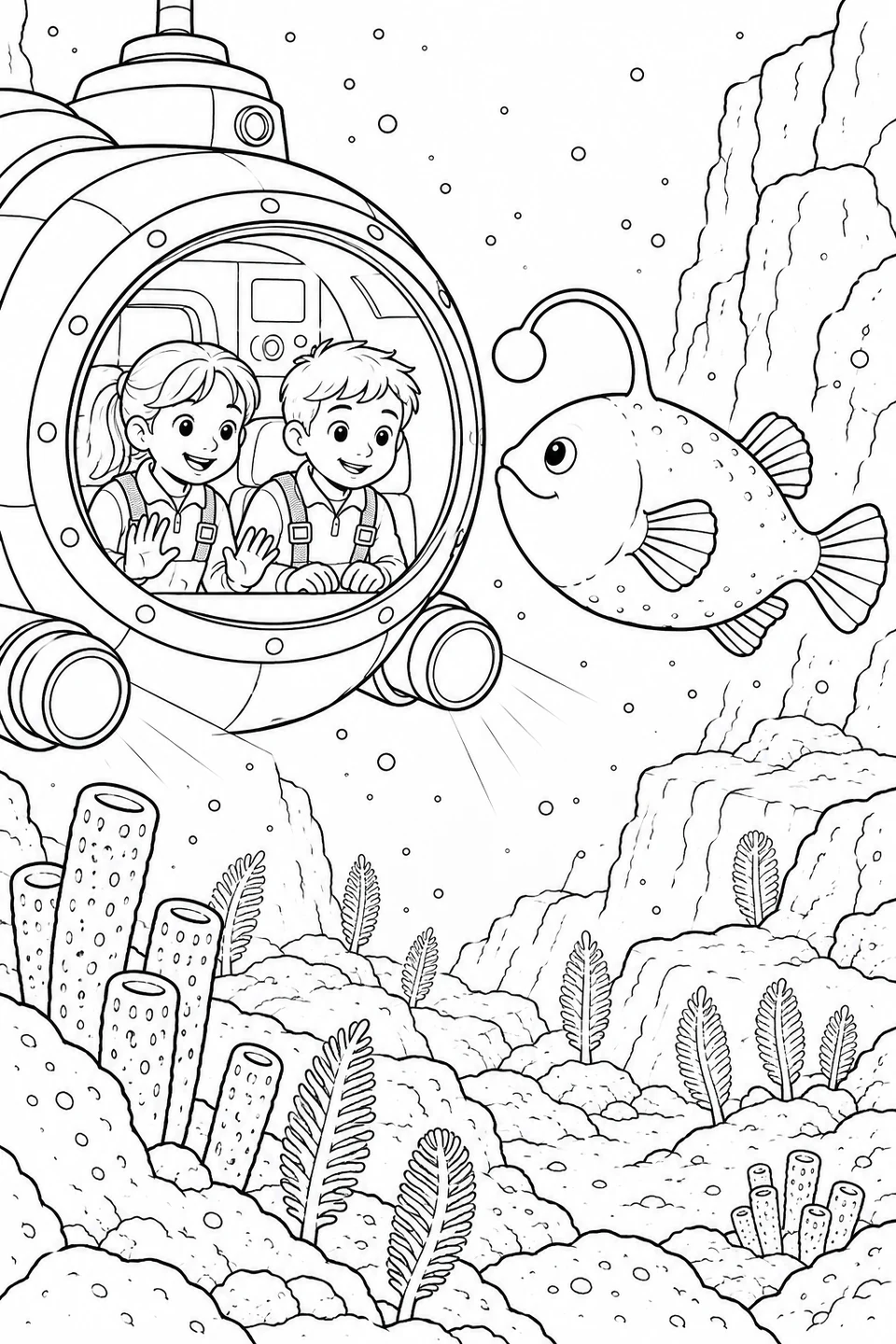 Una bambina e un bambino osservano una rana pescatrice sorridente dall'oblò del sottomarino, sopra un canyon roccioso.
