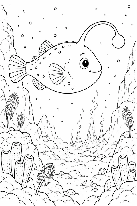 Ein Anglerfisch schwebt hoch über fernen Tiefseequellen, zwischen Felsen und Schwämmen.