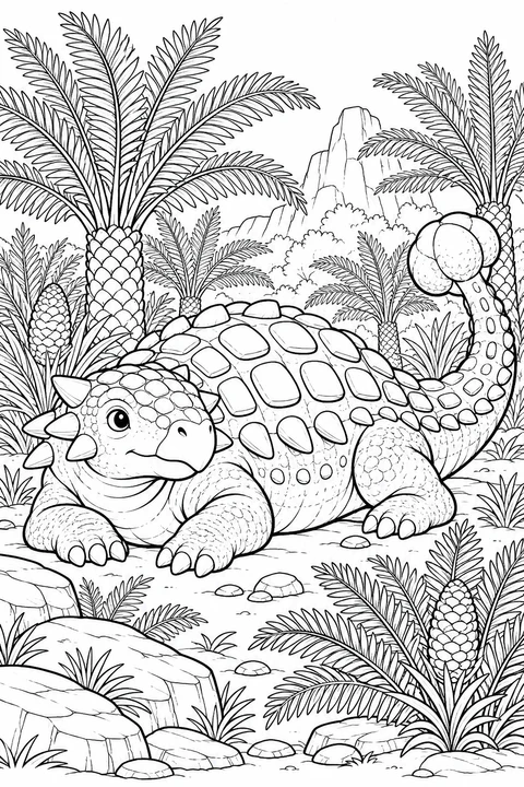 Ein friedlicher gepanzerter Dinosaurier ruht zwischen Palmfarnen, Farnen und Steinen.