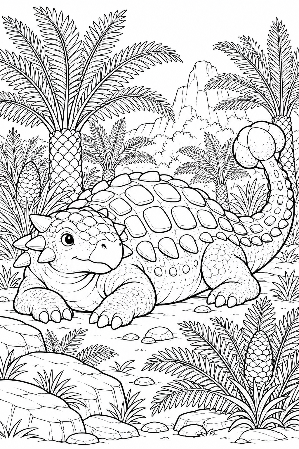 Ein friedlicher gepanzerter Dinosaurier ruht zwischen Palmfarnen, Farnen und Steinen.
