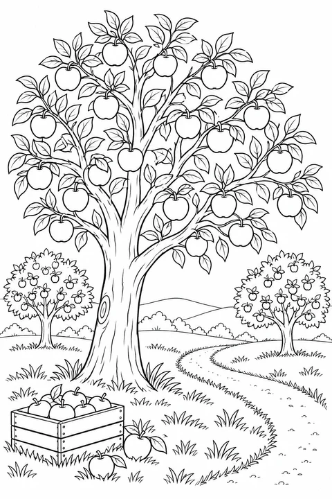 A large apple tree stands beside a winding orchard path, with two smaller trees and a wooden crate of apples.