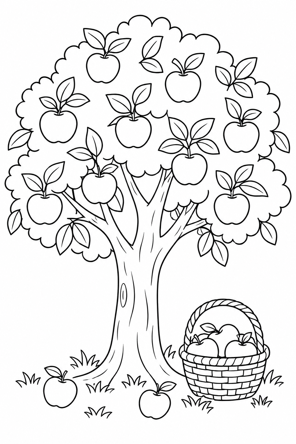 A basket of apples rests beside an apple tree, with two apples on the grass.