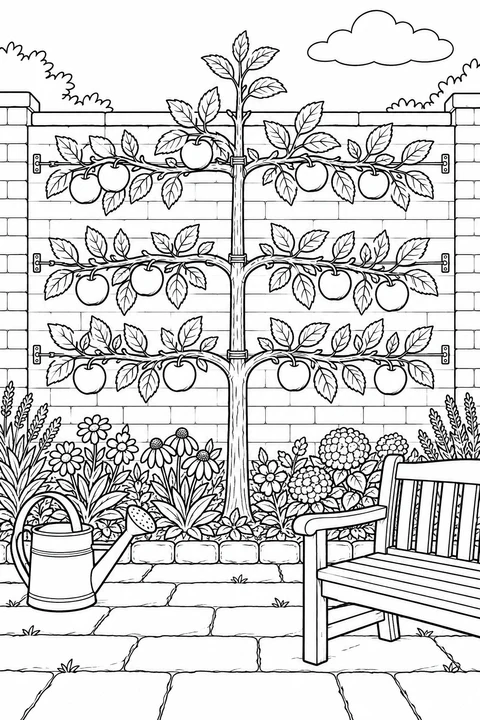 An apple tree grows in three horizontal tiers against a brick wall, above a flower border with a bench and watering can nearby.