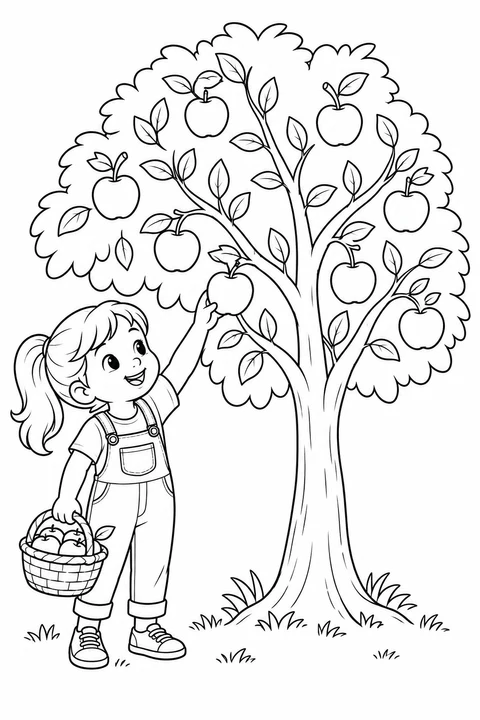 A smiling child in overalls stands beside an apple tree, reaching for a low apple while holding a basket.