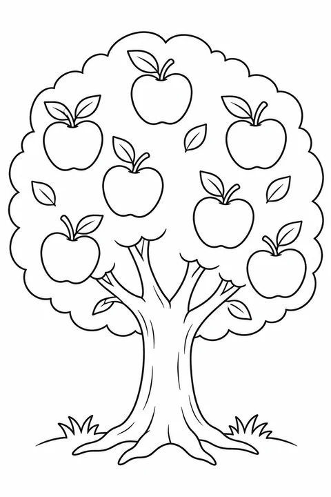 A large apple tree with seven apples, a rounded canopy, a branching trunk and small grass tufts.