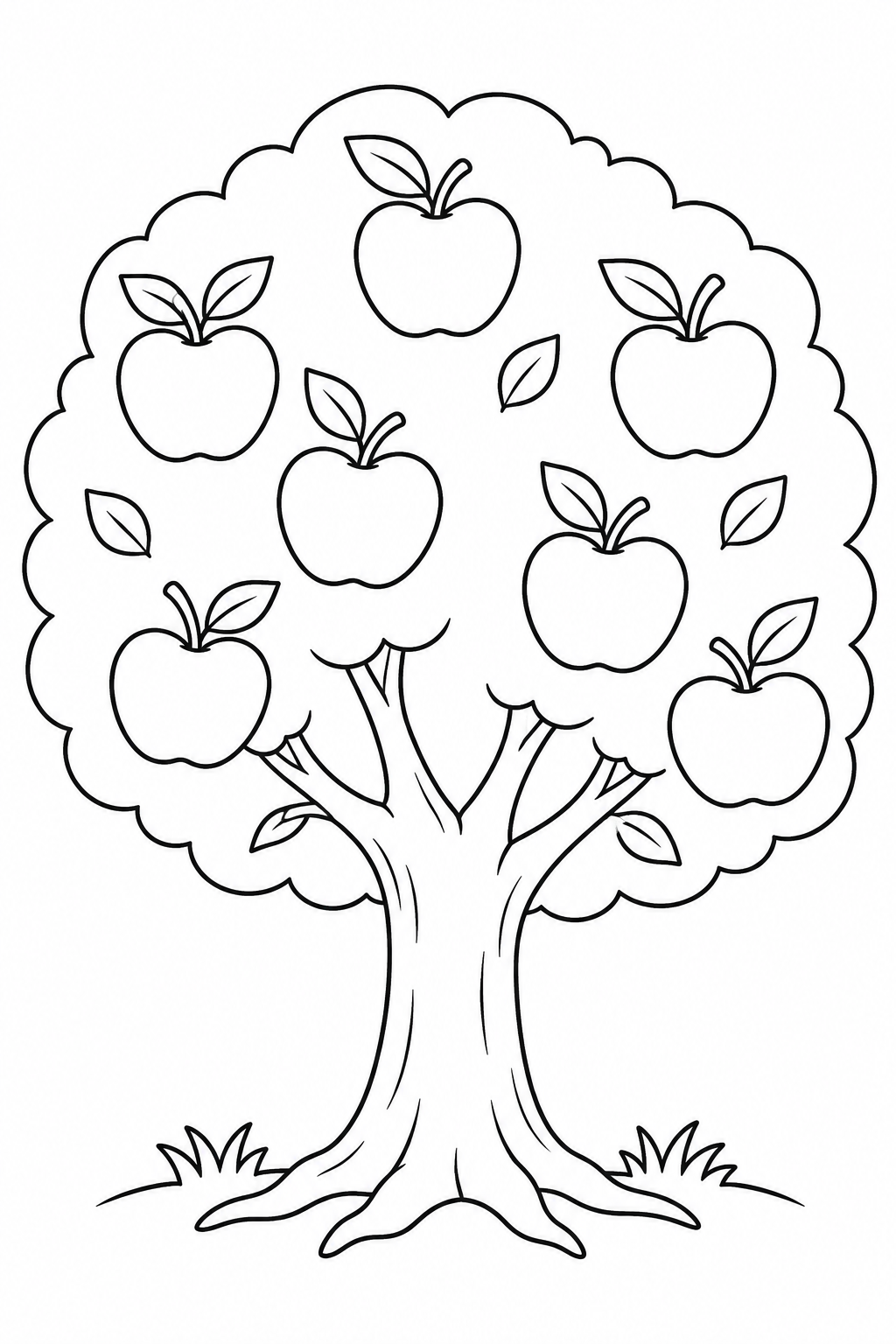 A large apple tree with seven apples, a rounded canopy, a branching trunk and small grass tufts.