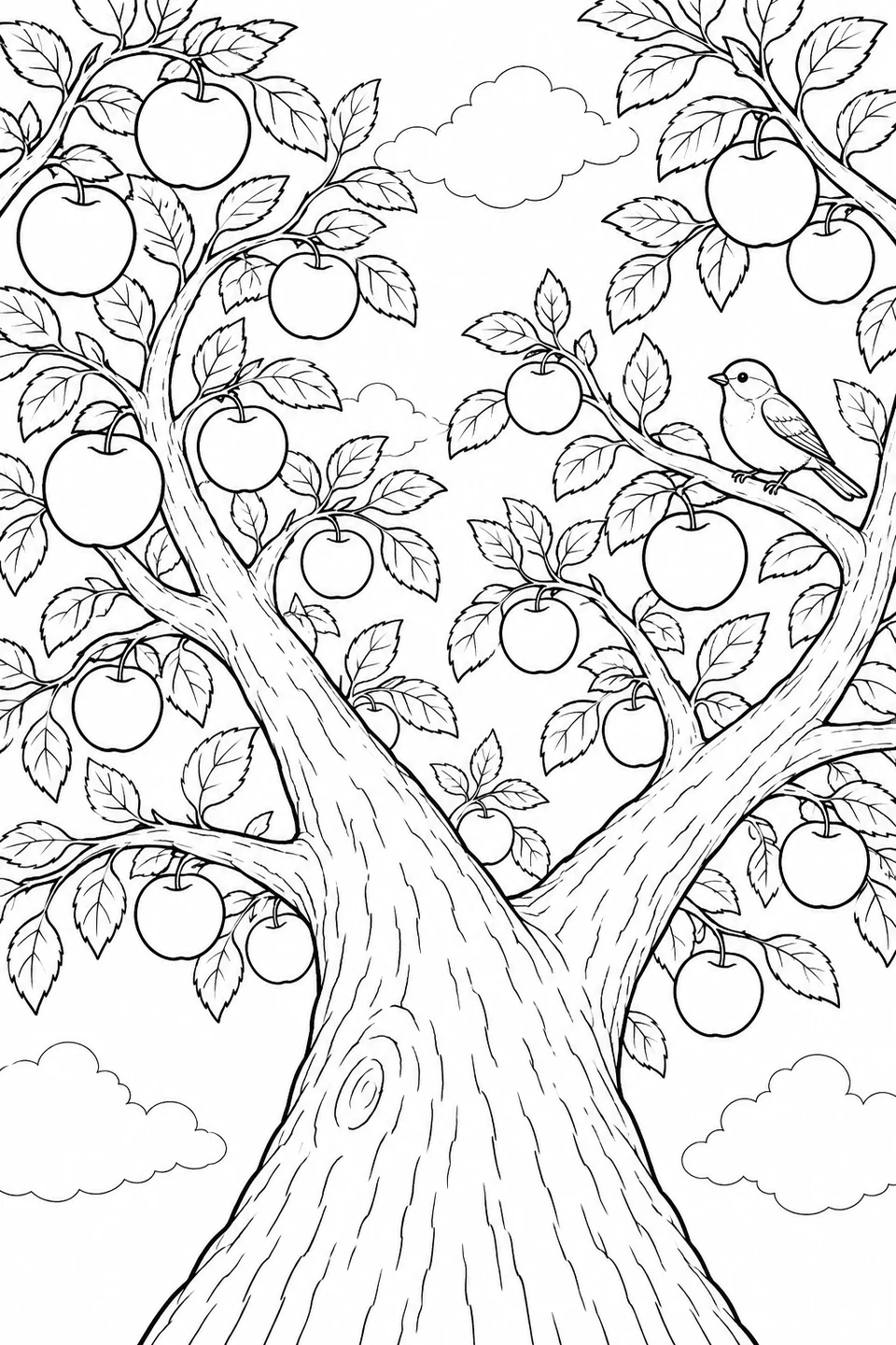 Look up along a forked trunk into apple-laden branches, pointed leaves and a small bird resting beside the clouds.
