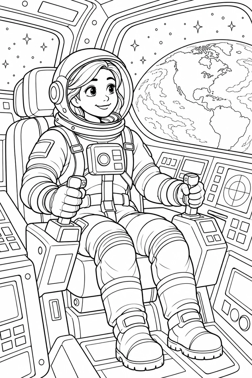 Eine Astronautin sitzt angeschnallt in der Raumkapsel und hält zwei Steuerknüppel. Um sie herum sind Schaltpulte und ein großes Fenster mit Blick auf die Erde.
