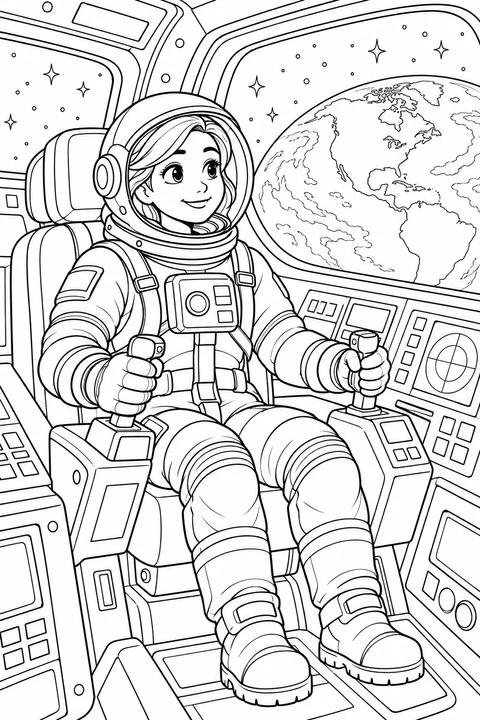 Een vrouwelijke astronaut zit vastgegespt in de capsule en houdt in elke hand een stuurknuppel. Rondom staan bedieningspanelen en door het raam is de aarde te zien.