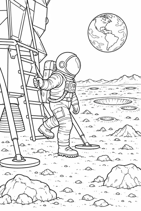 Een astronaut houdt de ladder van de maanlander vast en zet een voet op de rotsachtige maanbodem, met kraters en de aarde op de achtergrond.