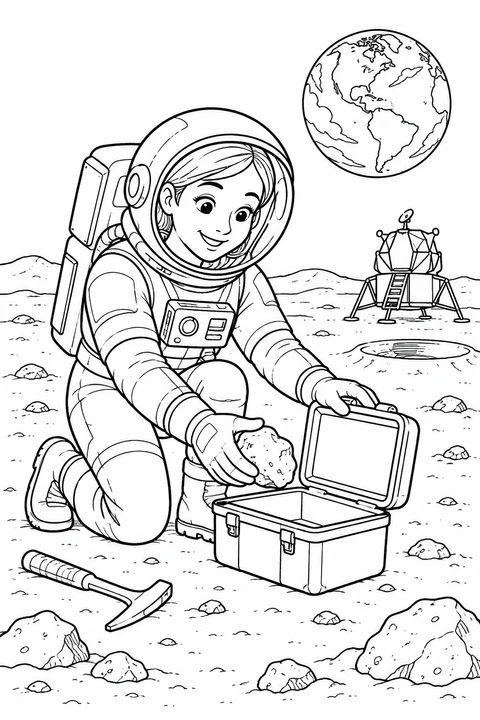 Een vrouwelijke astronaut knielt naast een open monsterkoffer en houdt een maansteen vast. Verderop staan een maanlander en de aarde in beeld.
