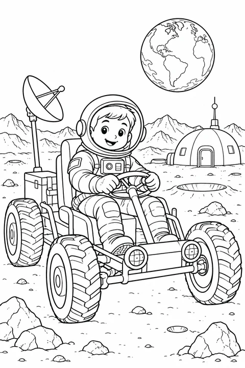 Een glimlachende astronaut houdt het stuur van een maanwagen vast, met rotsheuvels, een koepelvormig verblijf en de aarde op de achtergrond.