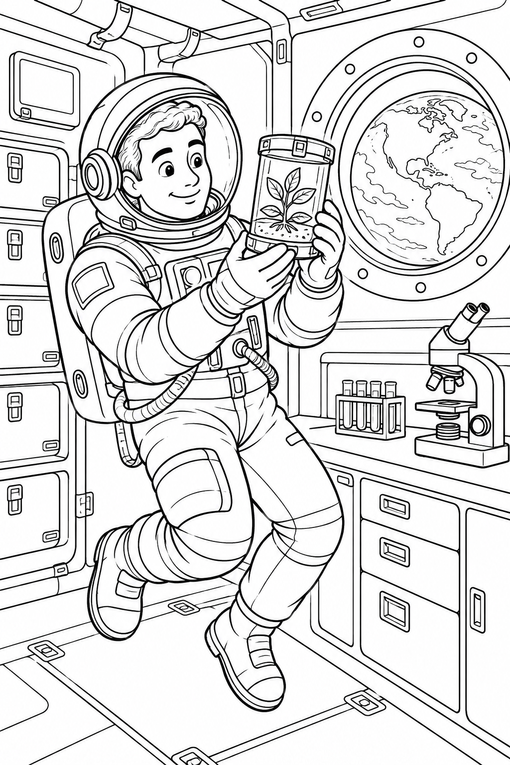 Een astronaut zweeft in het laboratorium van het ruimtestation met een doorzichtige bak met een plantje. Ernaast staan een microscoop en een raam met uitzicht op de aarde.