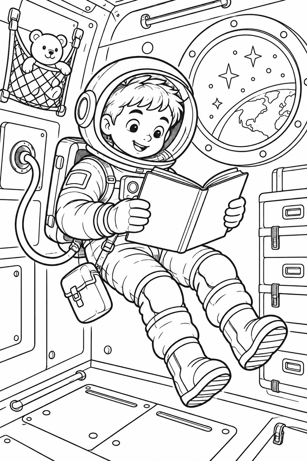 Ein Astronaut schwebt mit einem offenen Buch in der Raumstation. Ein Teddybär sitzt im Aufbewahrungsnetz, durch das Fenster sieht man die Erde.