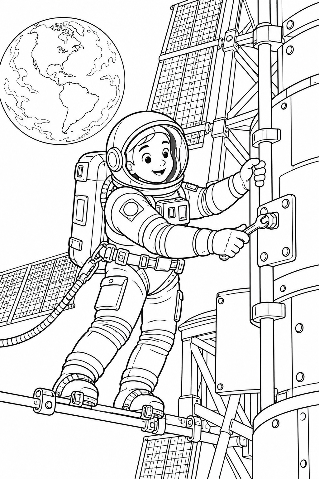 Een astronaut draait met een steeksleutel aan een onderdeel naast de zonnepanelen. De andere hand houdt de leuning vast en beide laarzen zitten vast aan een steun.
