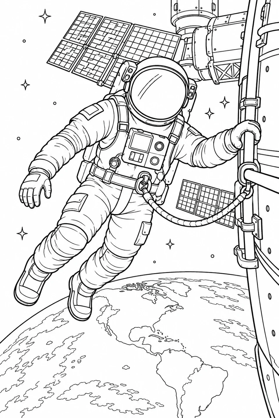 Ein Astronaut hält sich über der Erde an einem Geländer der Raumstation fest. Ein Sicherungsseil und Solarpaneele sind zu sehen.