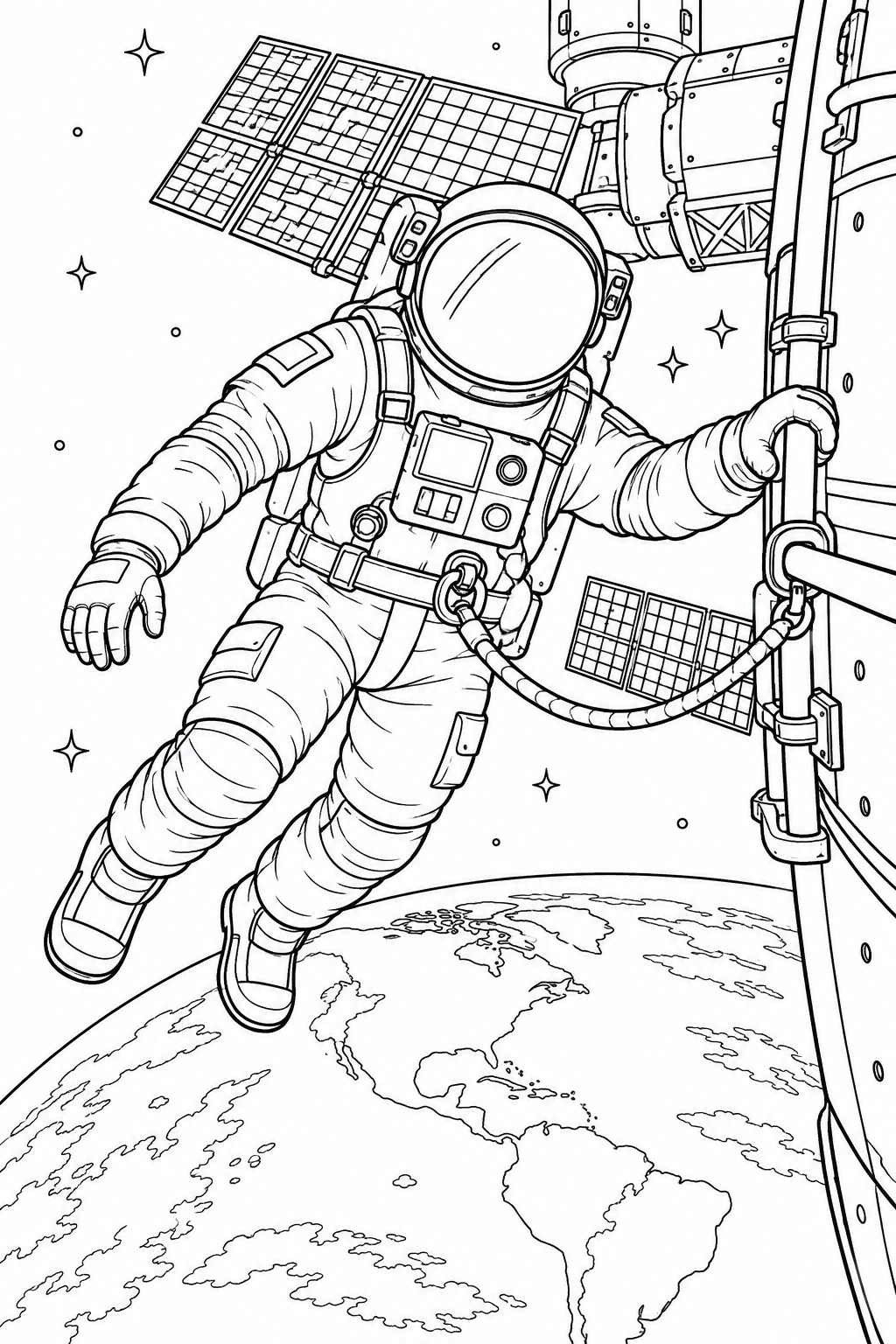 Ein Astronaut hält sich über der Erde an einem Geländer der Raumstation fest. Ein Sicherungsseil und Solarpaneele sind zu sehen.