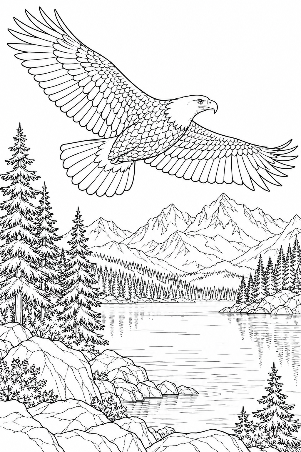 A bald eagle flies above a mountain lake and pine-lined shores.