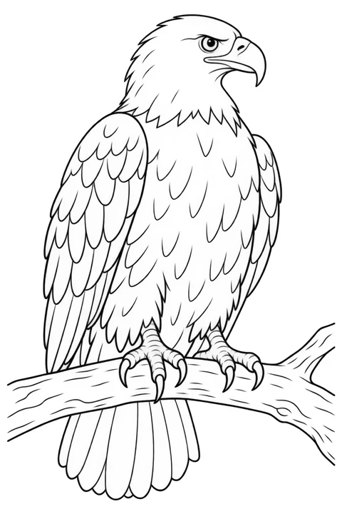 A bald eagle grips a branch, with broad feather shapes to color.