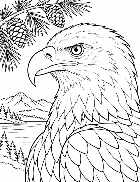 A close view of a bald eagle's hooked bill, eye and layered feathers, framed by pinecones with a mountain lake behind.