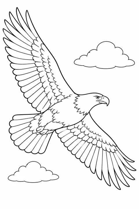 A bald eagle glides with its wings spread wide beside soft clouds.