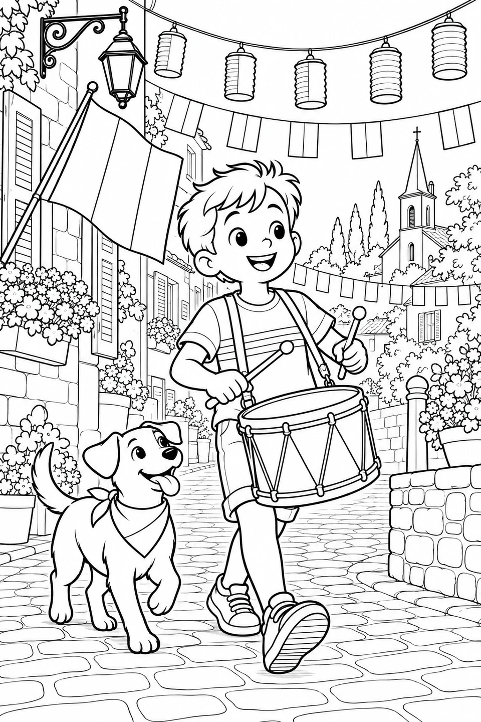 A boy plays his drum as a cheerful dog walks beside him along a village lane decorated with a French flag, bunting and paper lanterns.