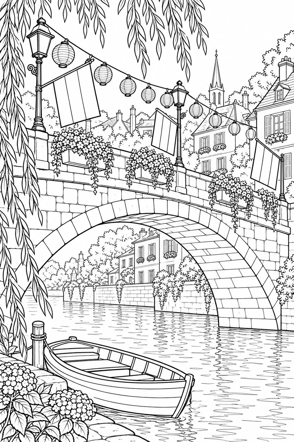 French flags, paper lanterns and flower boxes decorate a stone arch bridge. Willow branches frame a small boat moored beside the riverbank.