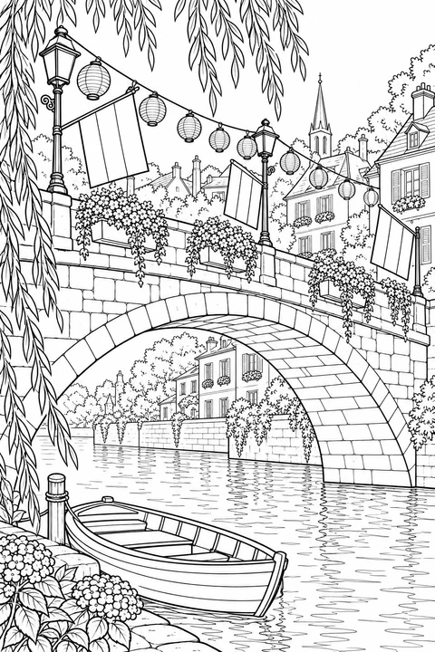 French flags, paper lanterns and flower boxes decorate a stone arch bridge. Willow branches frame a small boat moored beside the riverbank.