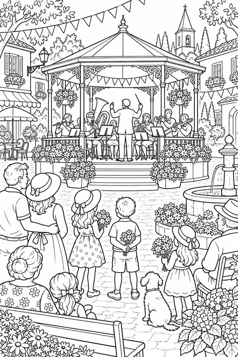 Summer Concert in a French Square, printable black-and-white coloring illustration.