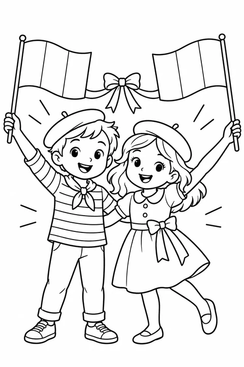 French Flags and Ribbon, printable black-and-white coloring illustration.