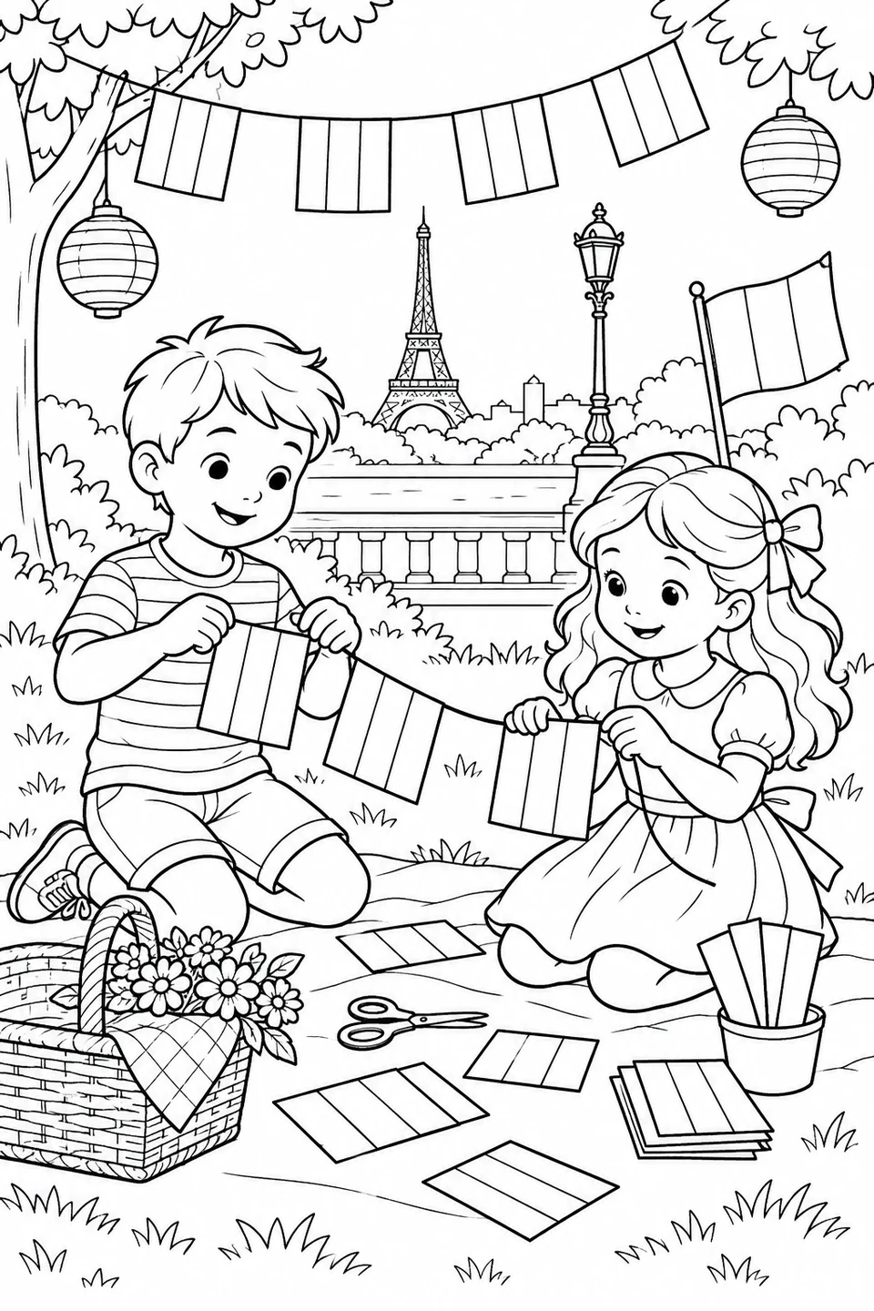 Making Tricolor Garlands, printable black-and-white coloring illustration.