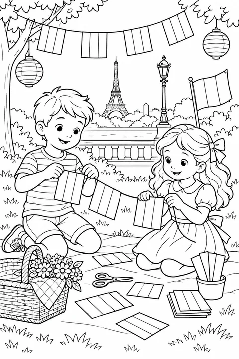 Making Tricolor Garlands, printable black-and-white coloring illustration.