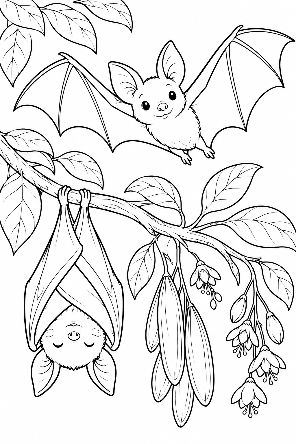 Eine Fledermaus schläft kopfüber am Ast, während eine zweite über Blüten und Samenkapseln fliegt.