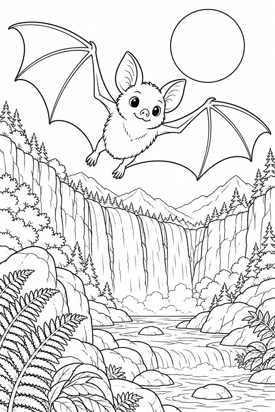 Eine Fledermaus breitet ihre Flügel über einem Wasserfall, Felsen und Farnen unter dem Vollmond aus.