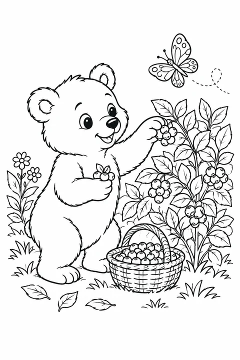 Ein Bär pflückt Beeren neben einem vollen Korb und einem belaubten Strauch.